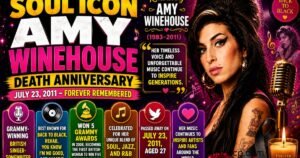 **Alt Text:** **Amy Winehouse Death Anniversary tribute feature image** featuring a stylized portrait of British singer Amy Winehouse with her iconic beehive hairstyle and winged eyeliner. The design includes bold memorial text reading "Soul Icon Amy Winehouse Death Anniversary" alongside colorful panels highlighting her Grammy-winning career, hit songs including *Back to Black*, *Rehab*, *You Know I'm No Good*, and *Valerie*, her unique blend of soul, jazz, and R&B, and the date of her passing, July 23, 2011. Musical notes, a vintage microphone, vinyl records, roses, a memorial candle, and a black remembrance ribbon appear against a dramatic black, burgundy, and gold background, honoring her lasting musical legacy.