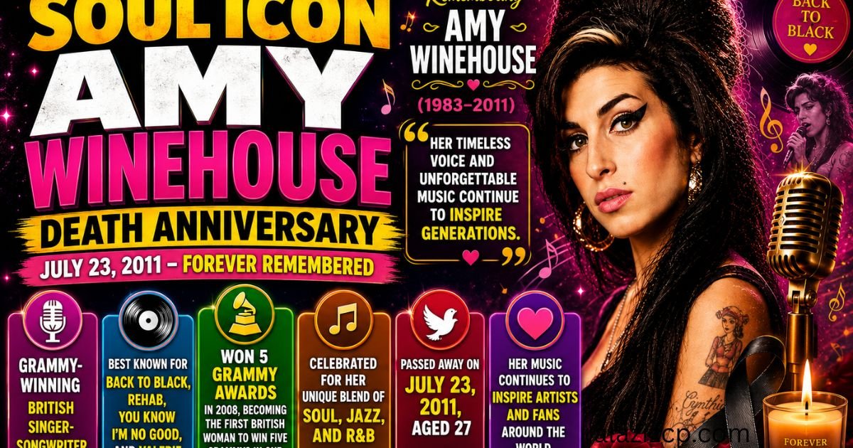 **Alt Text:** **Amy Winehouse Death Anniversary tribute feature image** featuring a stylized portrait of British singer Amy Winehouse with her iconic beehive hairstyle and winged eyeliner. The design includes bold memorial text reading "Soul Icon Amy Winehouse Death Anniversary" alongside colorful panels highlighting her Grammy-winning career, hit songs including *Back to Black*, *Rehab*, *You Know I'm No Good*, and *Valerie*, her unique blend of soul, jazz, and R&B, and the date of her passing, July 23, 2011. Musical notes, a vintage microphone, vinyl records, roses, a memorial candle, and a black remembrance ribbon appear against a dramatic black, burgundy, and gold background, honoring her lasting musical legacy.