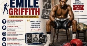 **Alt Text:** **Emile Griffith 13th Death Anniversary feature image** showing legendary boxer Emile Griffith seated in a boxing gym wearing black gloves, black trunks, and white boxing boots. The horizontal tribute design features bold red, navy, white, and gold typography highlighting his name and achievements as a **five-time world boxing champion**. The artwork includes the memorial date **July 23, 2013**, vintage boxing photographs, a championship belt, red boxing gloves, and an inspirational quote celebrating his lasting impact on the sport. The background combines a classic boxing gym with an editorial magazine-style layout, honoring Griffith's enduring legacy as one of boxing's greatest champions.