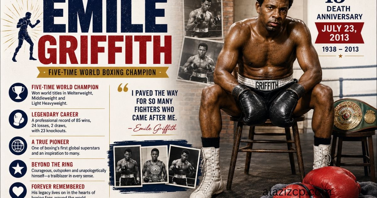 **Alt Text:** **Emile Griffith 13th Death Anniversary feature image** showing legendary boxer Emile Griffith seated in a boxing gym wearing black gloves, black trunks, and white boxing boots. The horizontal tribute design features bold red, navy, white, and gold typography highlighting his name and achievements as a **five-time world boxing champion**. The artwork includes the memorial date **July 23, 2013**, vintage boxing photographs, a championship belt, red boxing gloves, and an inspirational quote celebrating his lasting impact on the sport. The background combines a classic boxing gym with an editorial magazine-style layout, honoring Griffith's enduring legacy as one of boxing's greatest champions.