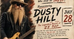 Handcrafted vintage-style tribute feature image of Dusty Hill, legendary ZZ Top bassist, with a textured paper background, bold brush-style typography, prominent July 28 remembrance headline, and a realistic portrait in a rustic editorial design."
