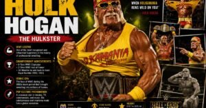 **Alt Text:** **Hulk Hogan WWE tribute feature image** featuring legendary professional wrestler Hulk Hogan wearing his iconic yellow and red ring gear, red bandana, sunglasses, and the WWE Championship belt. The vertical magazine-style design uses bold yellow, white, red, and black typography with the headline **"The Immortal Icon of WWE – Hulk Hogan."** The poster highlights his accomplishments as a **12-time world champion**, **2-time WWE Hall of Fame inductee**, and one of the biggest stars of the 1980s wrestling boom. Additional sections cover his championship achievements, cultural impact, the rise of Hulkamania, and his influence on sports entertainment. Multiple action photos, the WWE Hall of Fame logo, and his famous quote, *“Whatcha gonna do, brother, when Hulkamania runs wild on you?”* complete the dramatic tribute design.