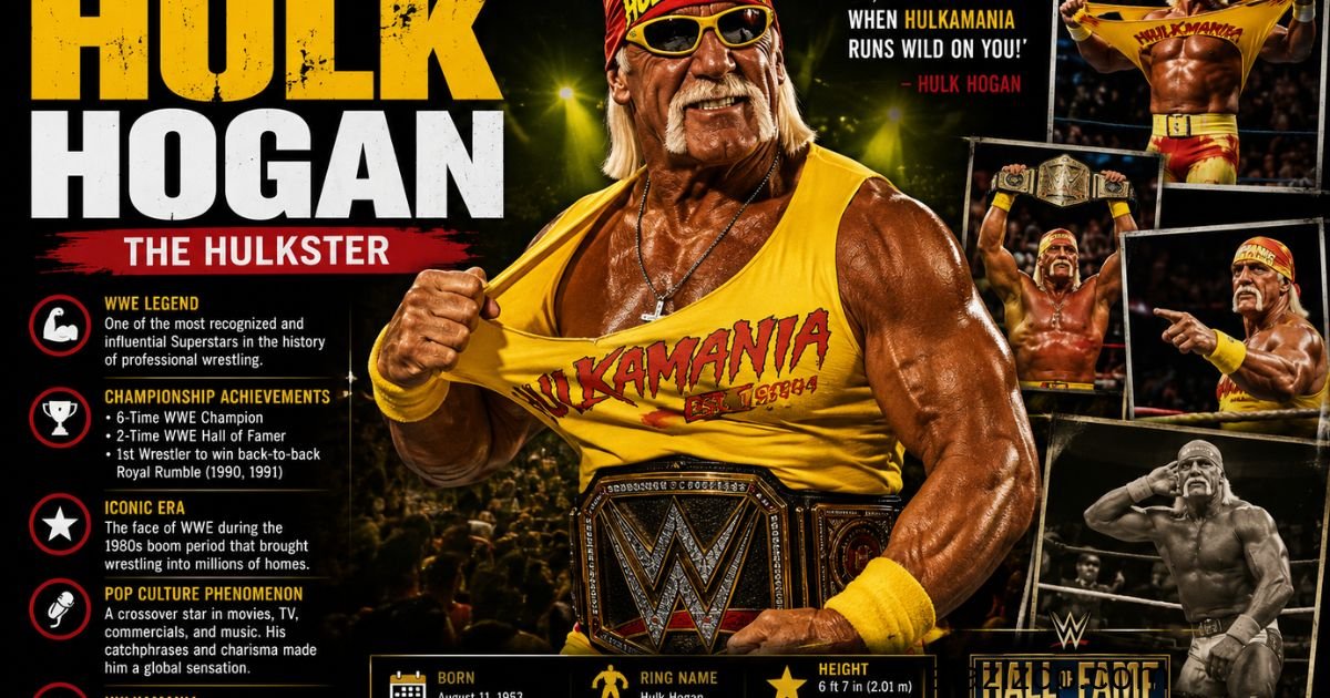 **Alt Text:** **Hulk Hogan WWE tribute feature image** featuring legendary professional wrestler Hulk Hogan wearing his iconic yellow and red ring gear, red bandana, sunglasses, and the WWE Championship belt. The vertical magazine-style design uses bold yellow, white, red, and black typography with the headline **"The Immortal Icon of WWE – Hulk Hogan."** The poster highlights his accomplishments as a **12-time world champion**, **2-time WWE Hall of Fame inductee**, and one of the biggest stars of the 1980s wrestling boom. Additional sections cover his championship achievements, cultural impact, the rise of Hulkamania, and his influence on sports entertainment. Multiple action photos, the WWE Hall of Fame logo, and his famous quote, *“Whatcha gonna do, brother, when Hulkamania runs wild on you?”* complete the dramatic tribute design.