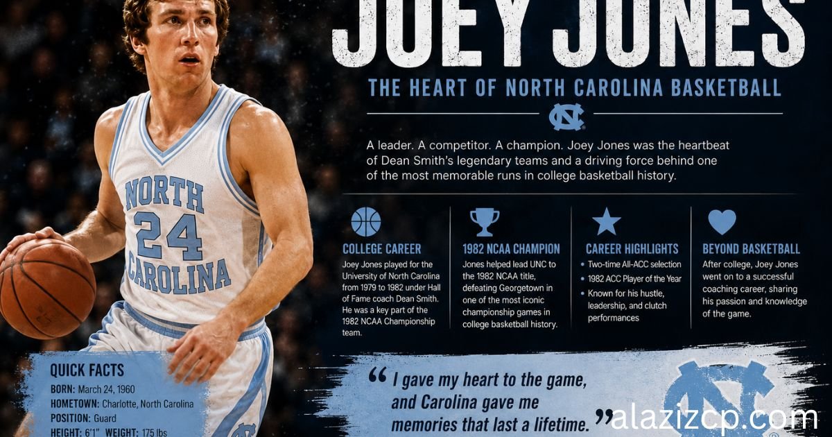 **Alt Text:** A wide sports-themed feature image highlighting **Joey Jones**, former University of North Carolina basketball player. The design features an enhanced action portrait of Joey Jones in a classic light blue UNC basketball uniform, dribbling a basketball against a dramatic arena background. Large bold text displays his name and the subtitle **"The Heart of North Carolina Basketball."** The right side includes sections about his college career, the 1982 NCAA Championship, career highlights, and his impact beyond basketball, accompanied by sports-themed icons. A quick facts panel lists his position, hometown, height, weight, and college, while a motivational quote attributed to Joey Jones appears near the bottom alongside the UNC logo. The overall design uses a blue, white, and black color scheme with a modern sports magazine aesthetic.