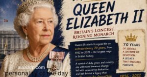 **Alt text:** **"Vintage editorial-style feature image of Queen Elizabeth II wearing the Imperial State Crown, highlighting her as Britain's longest-reigning monarch. The design features a regal portrait, elegant purple and gold accents, handcrafted typography, and text celebrating her 70-year reign and lasting legacy from 1926 to 2022."**