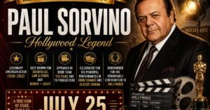 **Alt Text:** A premium horizontal tribute graphic honoring legendary American actor **Paul Sorvino**. The design features a dignified portrait of Sorvino in a dark suit against a luxurious black, burgundy, and gold Hollywood-inspired background with vintage film reels, a movie clapperboard, spotlight effects, and an Oscar-style statue. Large white and gold text reads **"Paul Sorvino – Hollywood Legend"** with a gold ribbon stating **"Remembering His Legacy."** The graphic highlights his career as a legendary American actor (1939–2022), his iconic roles in *Goodfellas*, *Law & Order*, and *Romeo + Juliet*, his appearances in more than 170 films and TV productions, and his lasting contribution to Hollywood. A bold **"JULY 25"** date is prominently displayed at the bottom, commemorating his legacy.