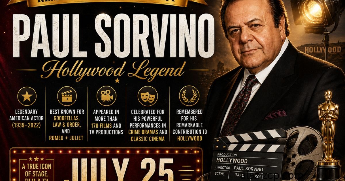 **Alt Text:** A premium horizontal tribute graphic honoring legendary American actor **Paul Sorvino**. The design features a dignified portrait of Sorvino in a dark suit against a luxurious black, burgundy, and gold Hollywood-inspired background with vintage film reels, a movie clapperboard, spotlight effects, and an Oscar-style statue. Large white and gold text reads **"Paul Sorvino – Hollywood Legend"** with a gold ribbon stating **"Remembering His Legacy."** The graphic highlights his career as a legendary American actor (1939–2022), his iconic roles in *Goodfellas*, *Law & Order*, and *Romeo + Juliet*, his appearances in more than 170 films and TV productions, and his lasting contribution to Hollywood. A bold **"JULY 25"** date is prominently displayed at the bottom, commemorating his legacy.