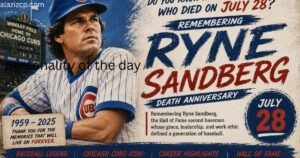 **Alt text:** **"Vintage sports editorial feature image honoring Ryne Sandberg's death anniversary, featuring a realistic portrait of the Chicago Cubs Hall of Fame second baseman with a handcrafted brush-style layout, bold 'July 28' remembrance headline, Wrigley Field background, and distressed baseball-inspired design in blue, red, and cream tones."**
